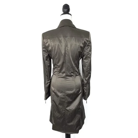 Marc Cain Olive Green Satin Trench Jacket Zip Front Luxury Designer Size 2